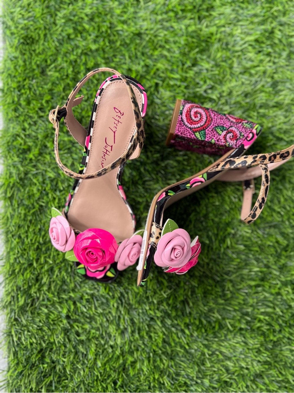 Betsey Johnson Pink & Hot Pink Floral Leopard-Trim Heels - Picture 4 of 9